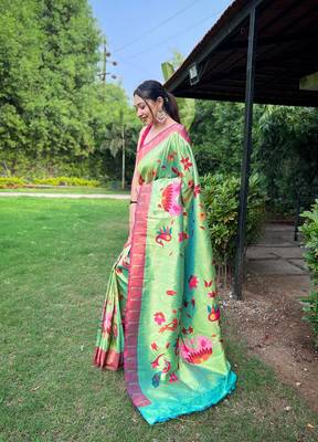 Green Renuka Paithani style Golden zari silk bland border & contrust pallu Saree with Blouse 2