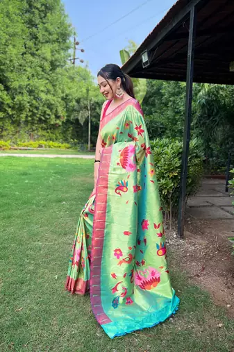 Green Renuka Paithani style Golden zari silk bland border & contrust pallu Saree with Blouse
