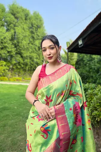 Green Renuka Paithani style Golden zari silk bland border & contrust pallu Saree with Blouse