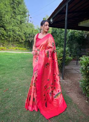Pink Renuka Paithani style Golden zari silk bland border & contrust pallu Saree with Blouse 1