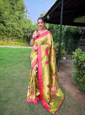 Pista Renuka Paithani style Golden zari silk bland border & contrust pallu Saree with Blouse 1
