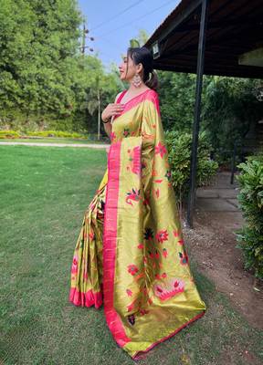Pista Renuka Paithani style Golden zari silk bland border & contrust pallu Saree with Blouse 2