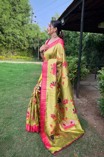 Pista Renuka Paithani style Golden zari silk bland border & contrust pallu Saree with Blouse