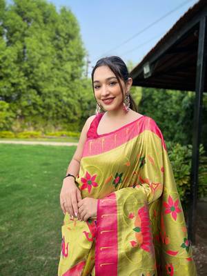 Pista Renuka Paithani style Golden zari silk bland border & contrust pallu Saree with Blouse 3
