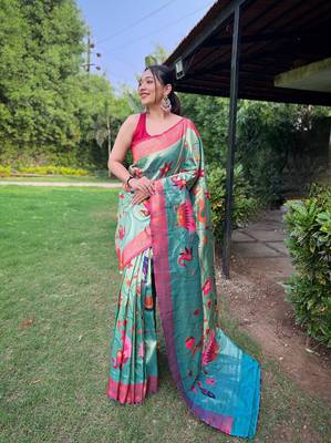 Rama Renuka Paithani style Golden zari silk bland border & contrust pallu Saree with Blouse 1