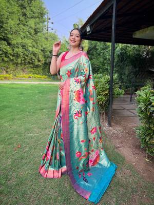 Rama Renuka Paithani style Golden zari silk bland border & contrust pallu Saree with Blouse 2