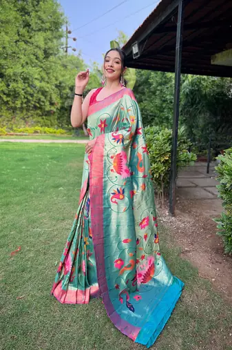 Rama Renuka Paithani style Golden zari silk bland border & contrust pallu Saree with Blouse