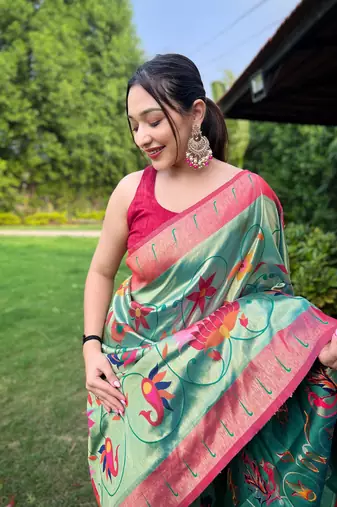 Rama Renuka Paithani style Golden zari silk bland border & contrust pallu Saree with Blouse
