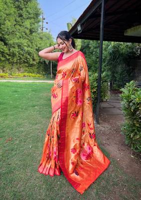 Yellow Renuka Paithani style Golden zari silk bland border & contrust pallu Saree with Blouse 1