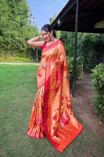 Yellow Renuka Paithani style Golden zari silk bland border & contrust pallu Saree with Blouse