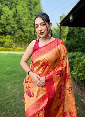Yellow Renuka Paithani style Golden zari silk bland border & contrust pallu Saree with Blouse 3