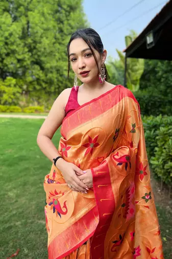 Yellow Renuka Paithani style Golden zari silk bland border & contrust pallu Saree with Blouse