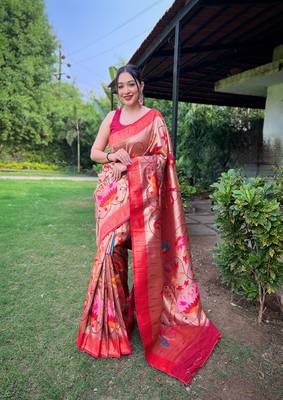 Wine Renuka Paithani style Golden zari silk bland border & contrust pallu Saree with Blouse 1