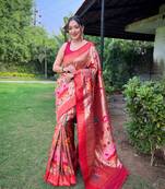 Wine Renuka Paithani style Golden zari silk bland border & contrust pallu Saree with Blouse