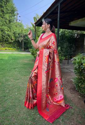 Wine Renuka Paithani style Golden zari silk bland border & contrust pallu Saree with Blouse 2