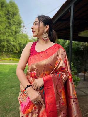 Wine Renuka Paithani style Golden zari silk bland border & contrust pallu Saree with Blouse 3