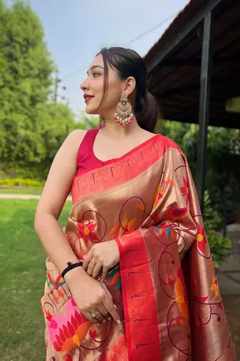 Wine Renuka Paithani style Golden zari silk bland border & contrust pallu Saree with Blouse