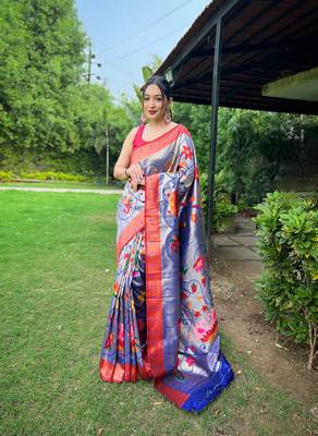 Violet Renuka Paithani style Golden zari silk bland border & contrust pallu Saree with Blouse 1