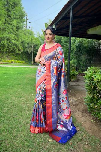 Violet Renuka Paithani style Golden zari silk bland border & contrust pallu Saree with Blouse