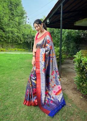 Violet Renuka Paithani style Golden zari silk bland border & contrust pallu Saree with Blouse 2