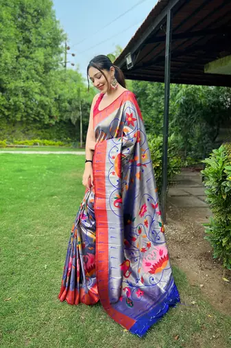 Violet Renuka Paithani style Golden zari silk bland border & contrust pallu Saree with Blouse