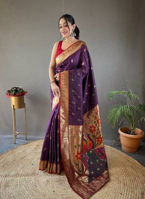 Women Violet Paithani Silk Saree And Printed Rich Pallu Saree With Blouse For Women 1