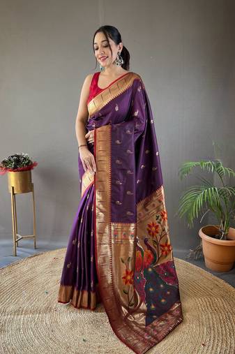 Women Violet Paithani Silk Saree And Printed Rich Pallu Saree With Blouse For Women