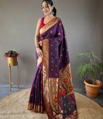Women Violet Paithani Silk Saree And Printed Rich Pallu Saree With Blouse For Women