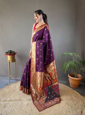Women Violet Paithani Silk Saree And Printed Rich Pallu Saree With Blouse For Women 2