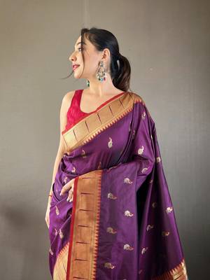 Women Violet Paithani Silk Saree And Printed Rich Pallu Saree With Blouse For Women 3