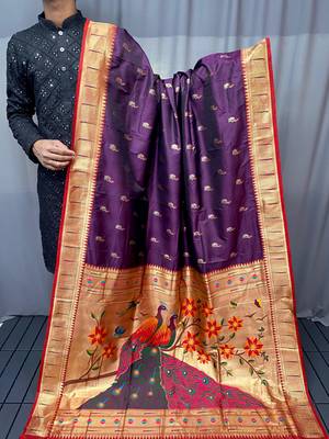 Women Violet Paithani Silk Saree And Printed Rich Pallu Saree With Blouse For Women 4