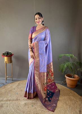Women Lovender Paithani Silk Saree And Printed Rich Pallu Saree With Blouse For Women 1