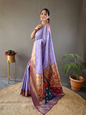 Women Lovender Paithani Silk Saree And Printed Rich Pallu Saree With Blouse For Women 2