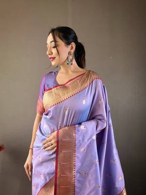 Women Lovender Paithani Silk Saree And Printed Rich Pallu Saree With Blouse For Women 3