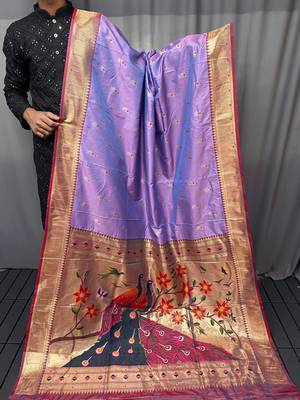 Women Lovender Paithani Silk Saree And Printed Rich Pallu Saree With Blouse For Women 4
