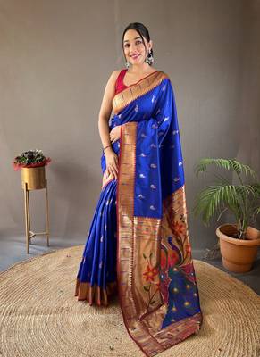 Women Blue Paithani Silk Saree And Printed Rich Pallu Saree With Blouse For Women 1