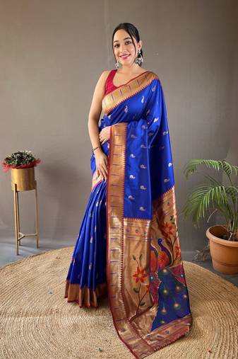Women Blue Paithani Silk Saree And Printed Rich Pallu Saree With Blouse For Women