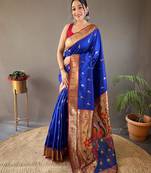 Women Blue Paithani Silk Saree And Printed Rich Pallu Saree With Blouse For Women