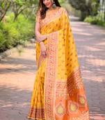 Yellow Original Maharashtrian Meenakari Paithani Silk Zari Woven Saree