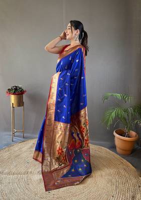 Women Blue Paithani Silk Saree And Printed Rich Pallu Saree With Blouse For Women 2