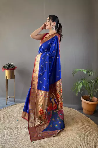 Women Blue Paithani Silk Saree And Printed Rich Pallu Saree With Blouse For Women