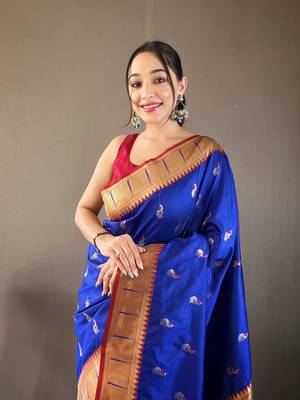 Women Blue Paithani Silk Saree And Printed Rich Pallu Saree With Blouse For Women 3