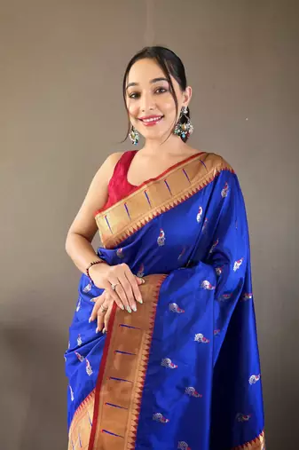 Women Blue Paithani Silk Saree And Printed Rich Pallu Saree With Blouse For Women