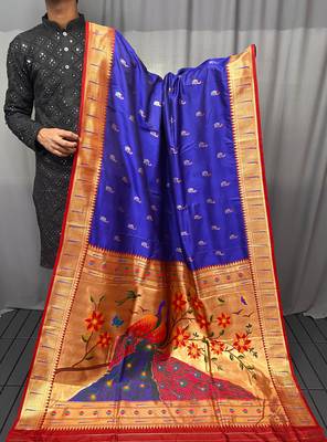 Women Blue Paithani Silk Saree And Printed Rich Pallu Saree With Blouse For Women 4