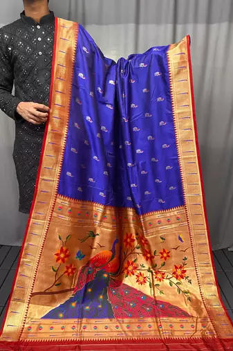 Women Blue Paithani Silk Saree And Printed Rich Pallu Saree With Blouse For Women