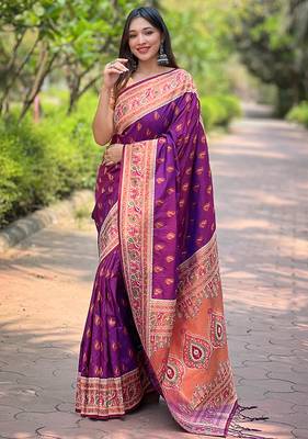 Purple Original Maharashtrian Meenakari Paithani Silk Zari Woven Saree 1