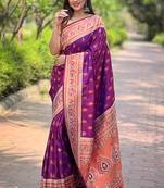 Purple Original Maharashtrian Meenakari Paithani Silk Zari Woven Saree