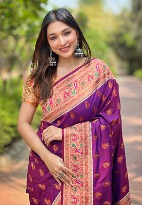 Purple Original Maharashtrian Meenakari Paithani Silk Zari Woven Saree 2