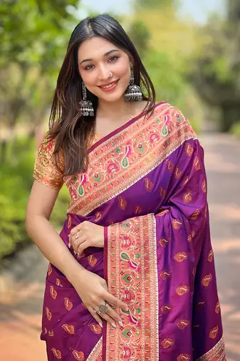 Purple Original Maharashtrian Meenakari Paithani Silk Zari Woven Saree