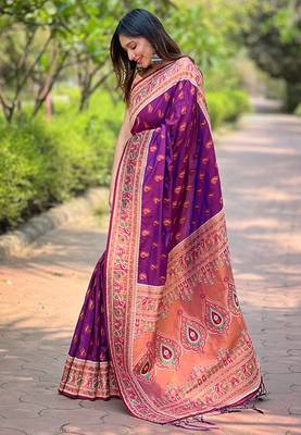 Purple Original Maharashtrian Meenakari Paithani Silk Zari Woven Saree 3